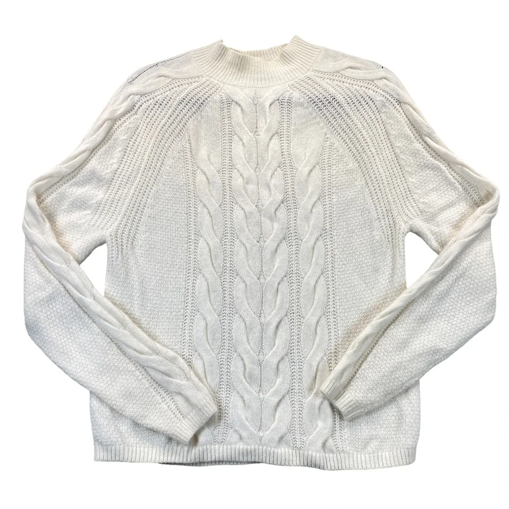 Banana Republic Recycled Wool Cable Knit Mock Neck Sweater Cream Women's‎ Medium